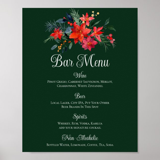 Christmas Poinsettia Floral Green Wedding Bar Menu Poster (Front)