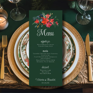 Christmas Poinsettia Floral Green Wedding Dinner Menu