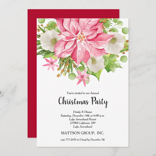 Christmas Poinsettia Floral Holiday Invitations (Front/Back)