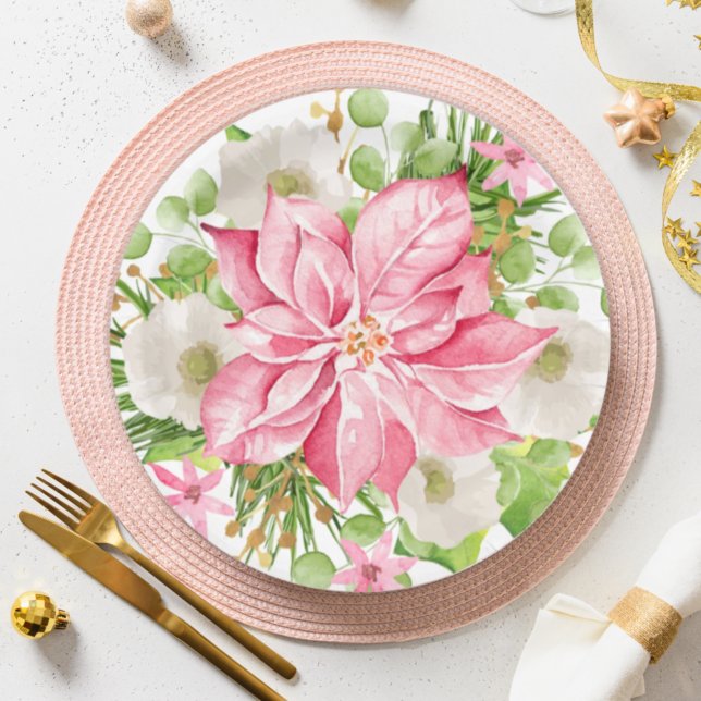 Christmas Poinsettia Floral Holiday Paper Plate (Creator Uploaded)