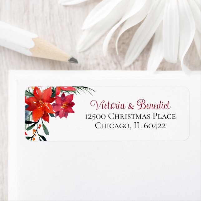 Christmas Poinsettia Floral Holiday Return Address Label (Insitu)