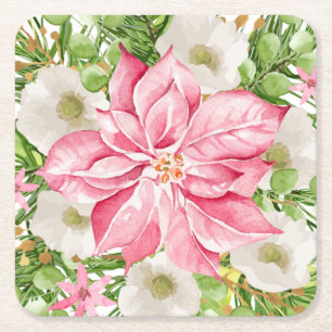 Christmas Poinsettia Floral Holiday Square Paper Coaster