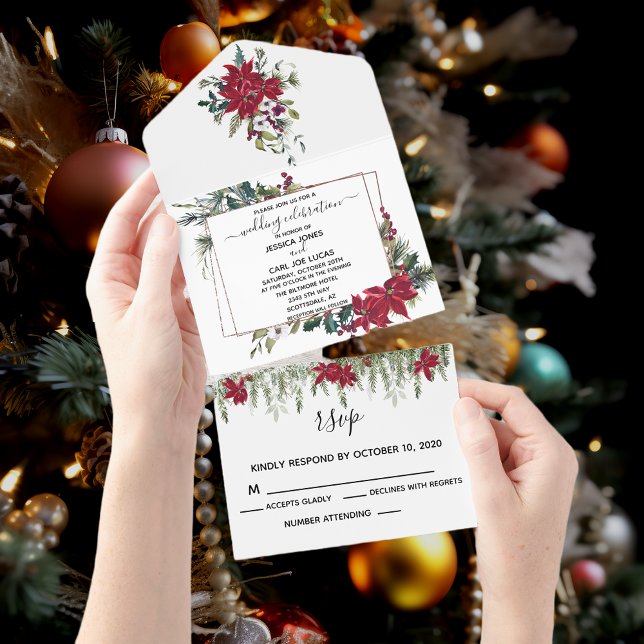 Christmas Poinsettia Floral Holiday Winter All In One Invitation (Creator Uploaded)