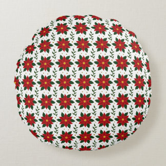 Christmas Poinsettia Floral Pattern | Red Green Round Cushion