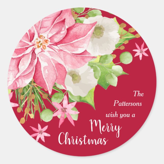 Christmas Poinsettia Floral Red Holiday Classic Round Sticker (Front)
