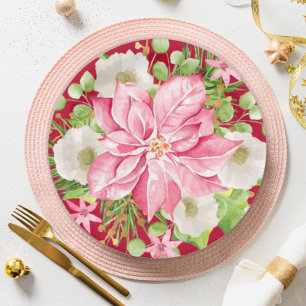 Christmas Poinsettia Floral Red Holiday Paper Plate