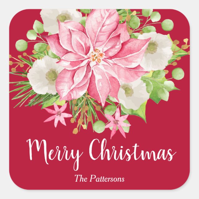 Christmas Poinsettia Floral Red Holiday Square Sticker (Front)