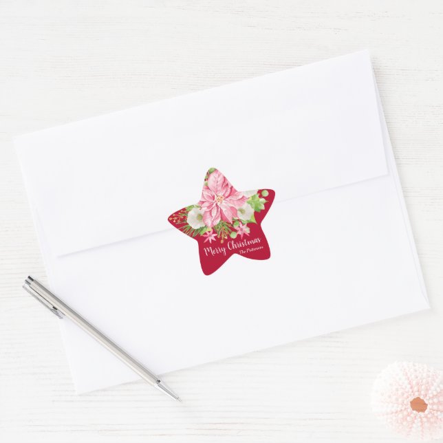 Christmas Poinsettia Floral Red Holiday Star Sticker (Envelope)