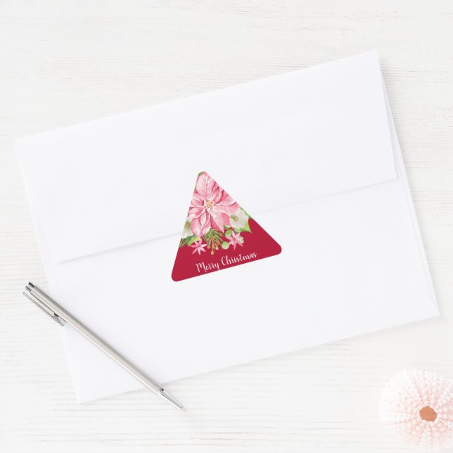 Christmas Poinsettia Floral Red Holiday Triangle Sticker (Envelope)