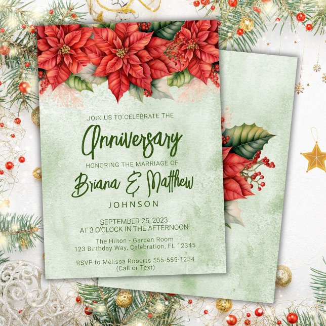 Christmas Poinsettia Floral Wedding Anniversary  Invitation (Creator Uploaded)