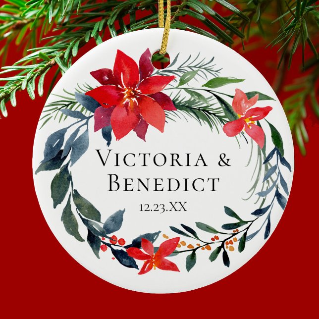 Christmas Poinsettia Floral Wedding Couple Photo Ceramic Ornament (Creator Uploaded)