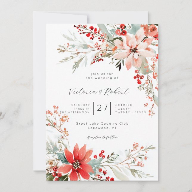 Christmas Poinsettia floral Wedding Invitation (Front)