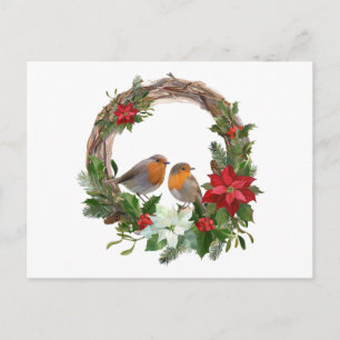 Christmas Poinsettia Flower Wreath and Birds Postcard