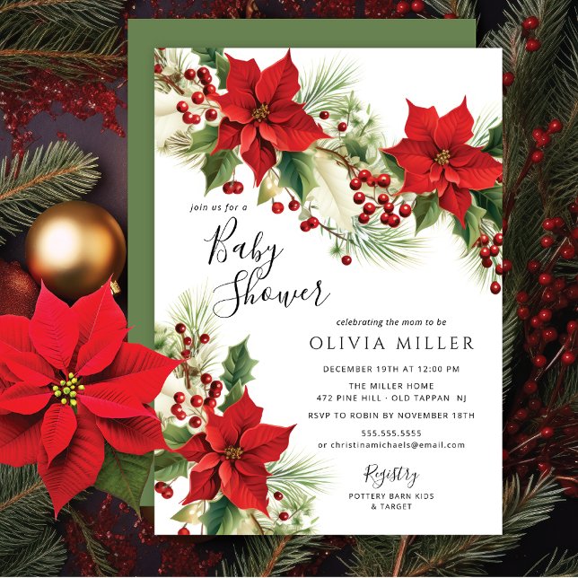 Christmas Poinsettia Flowers Baby Shower  Invitation (Creator Uploaded)