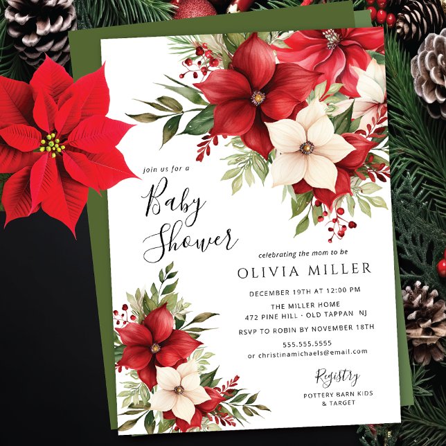 Christmas Poinsettia Flowers Baby Shower  Invitation (Creator Uploaded)