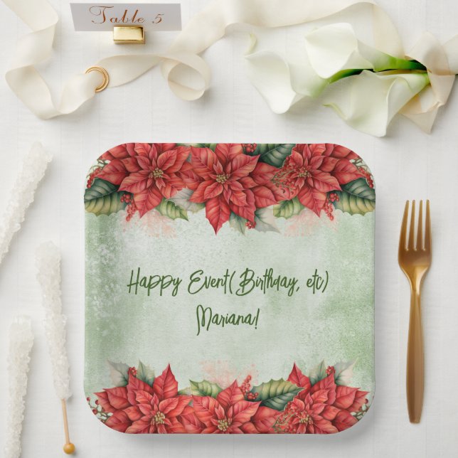 Christmas Poinsettia Flowers Floral Party Paper Plate (Wedding)