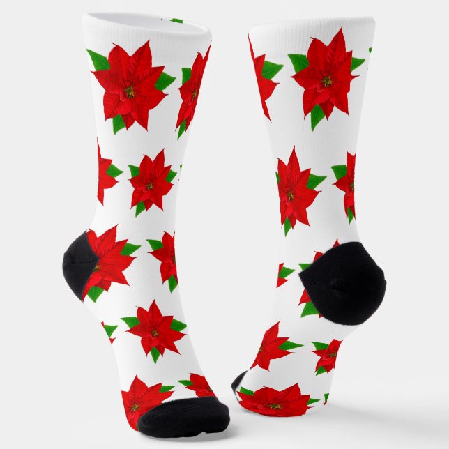 Christmas Poinsettia Flowers on White Socks (Angled)