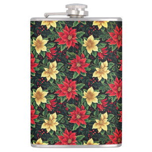 Christmas Poinsettia Flowers Pattern-86755 Hip Flask