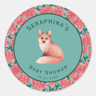 Christmas Poinsettia Fox Baby Shower Classic Round Sticker
