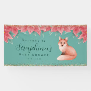 Christmas Poinsettia Fox Gold Sparkles Baby Shower Banner