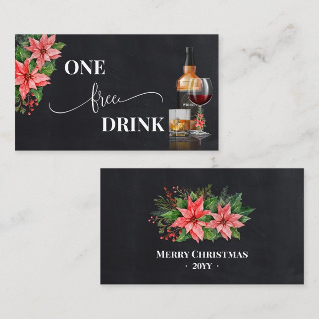 Christmas Poinsettia Free Drink Party Card Ticket (Front/Back)