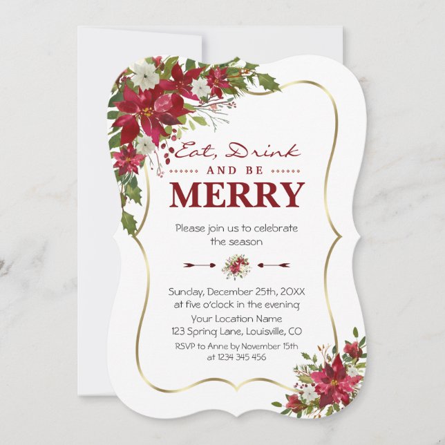 Christmas Poinsettia Gold Eat Drink and be Merry Invitation (Front)