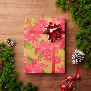 Christmas Poinsettia Gold Orange Wrapping Paper