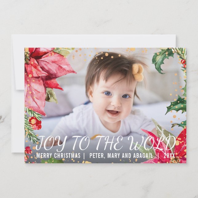 Christmas Poinsettia Gold Splash Photo Holiday Card (Front)