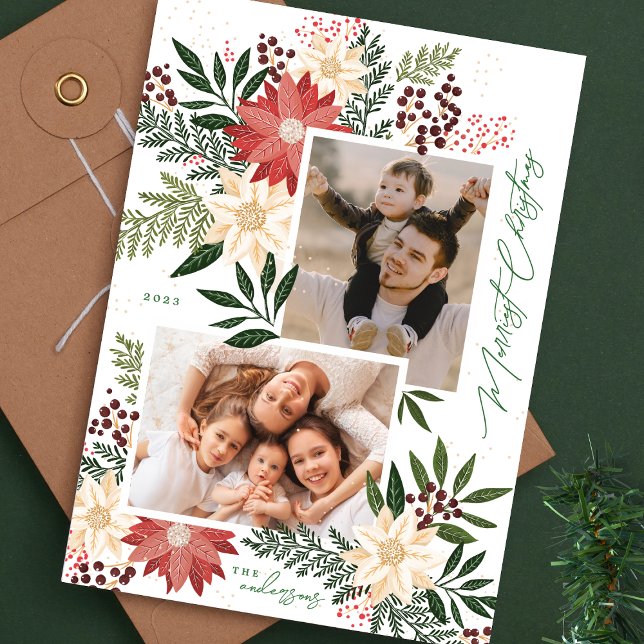 Christmas Poinsettia Green Photo Collage Holiday Card (Creator Uploaded)