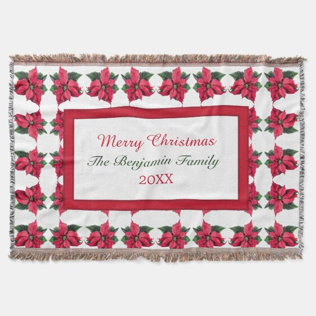 Christmas Poinsettia Holiday Family Personalise Throw Blanket (Front)