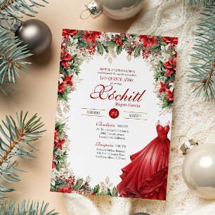 Christmas Poinsettia Holiday Flora Red Quinceañera Invitation