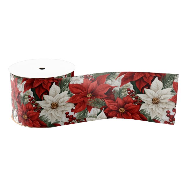 Christmas Poinsettia – Holiday Floral Design Grosgrain Ribbon (Spool)