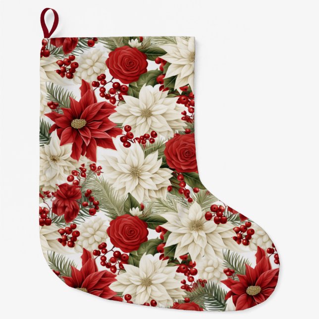 Christmas Poinsettia – Holiday Floral Design Large Christmas Stocking (Front)