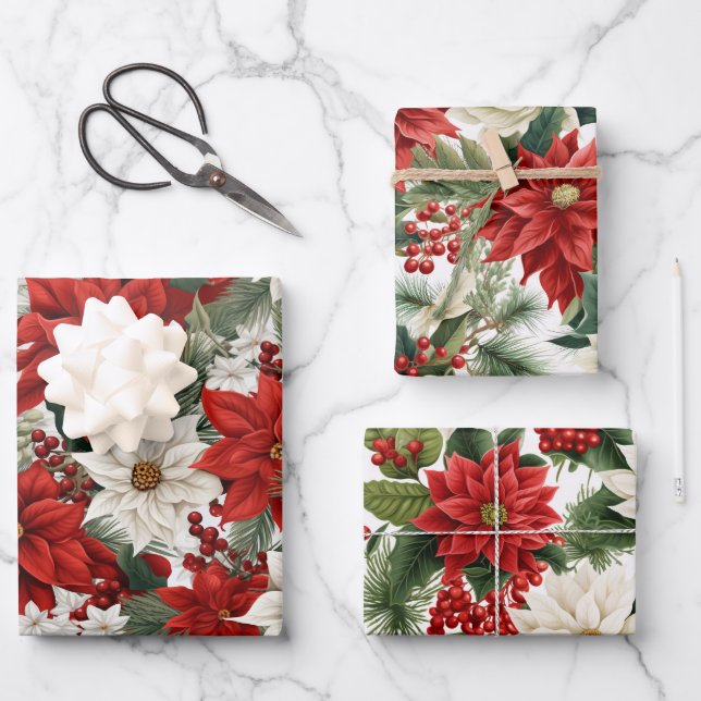 Christmas Poinsettia – Holiday Floral Design Wrapping Paper Sheet (Front)