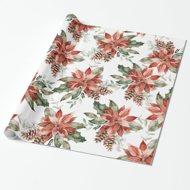 Christmas Poinsettia Holiday Wrapping Paper (Unrolled)