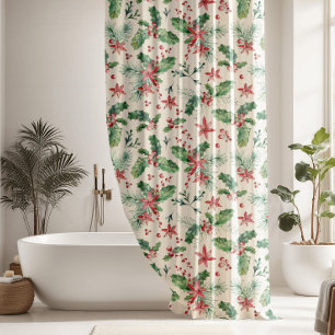 Christmas Poinsettia Holly Pattern Shower Curtain