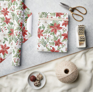 Christmas Poinsettia in Red and White Wrapping Paper