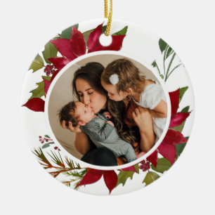 Christmas Poinsettia Joyeux Noël Photo Ceramic Ornament