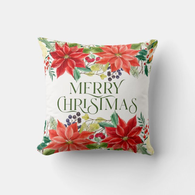 Christmas poinsettia & Merry Christmas typography Cushion (Front)