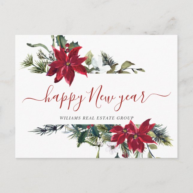 Christmas Poinsettia Mistletoe Corporate Greeting Holiday Postcard (Front)