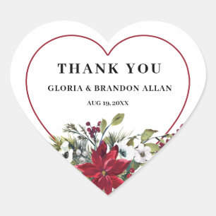 Christmas Poinsettia Modern Wedding Heart Sticker