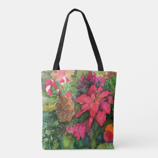 Christmas Poinsettia Original Watercolor Painting Tote Bag (Back)