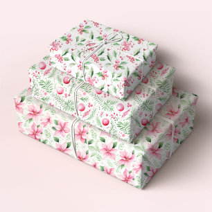Christmas Poinsettia, Ornaments and Holly Wrapping Paper Sheet