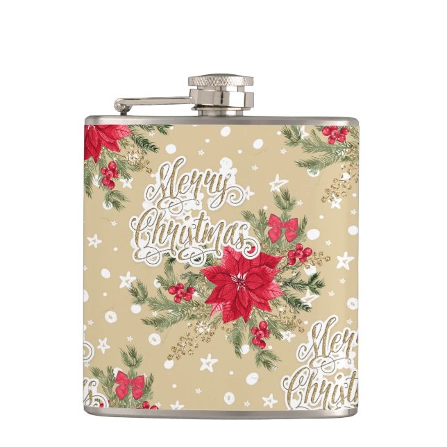 Christmas Poinsettia Pattern Hip Flask (Front)
