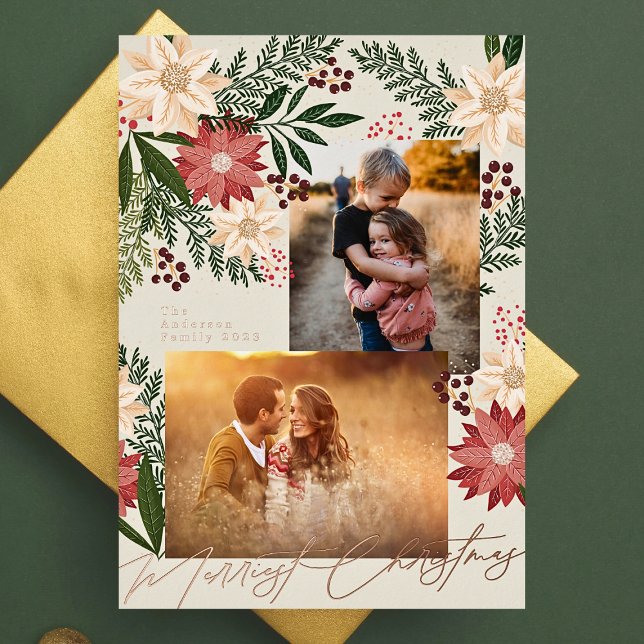 Christmas Poinsettia Photo Collage Rose Gold Foil Holiday Card (Creator Uploaded)