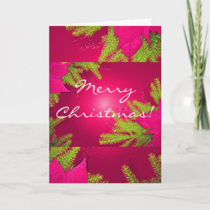 Christmas Poinsettia Pink And Green In English Holiday Card