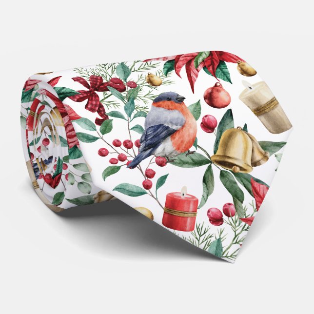 Christmas poinsettia red berries birds bells tie (Rolled)