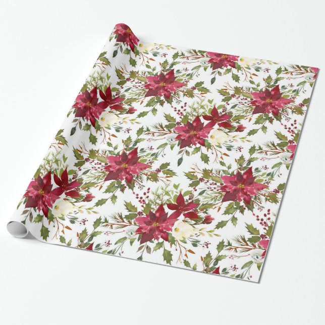 Christmas Poinsettia Red Elegant Holiday Floral Wrapping Paper (Unrolled)