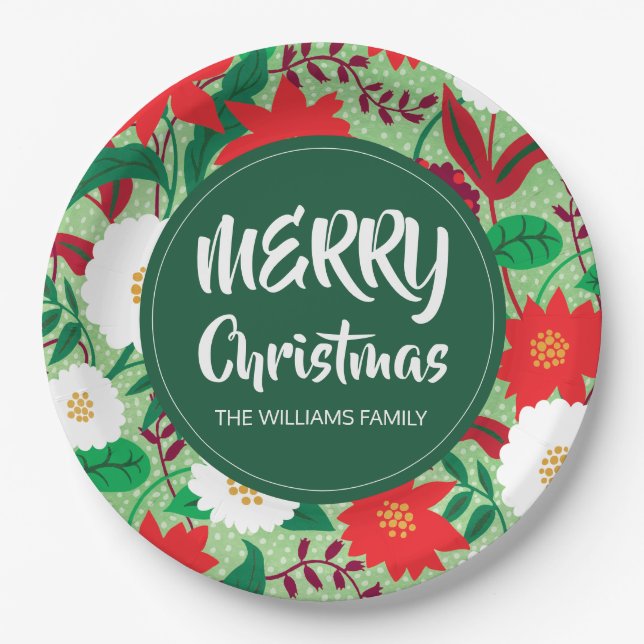 Christmas Poinsettia Red White Floral Monogram Paper Plate (Front)