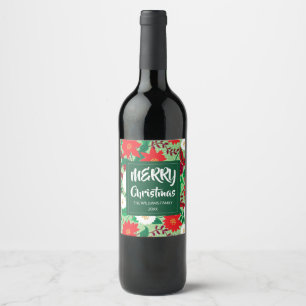 Christmas Poinsettia Red White Floral Monogram Wine Label